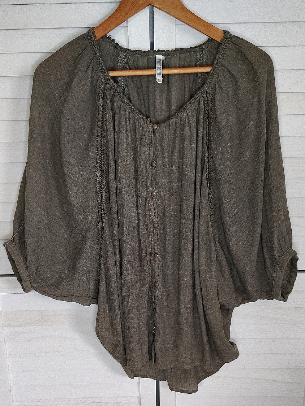 Relaxed Olive Button-Front Peasant Blouse
